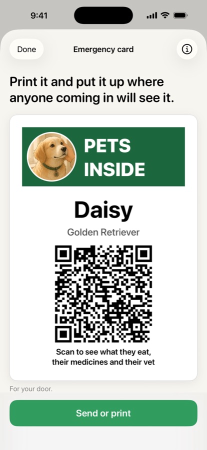 The printable emergency card, shown in the app before printing